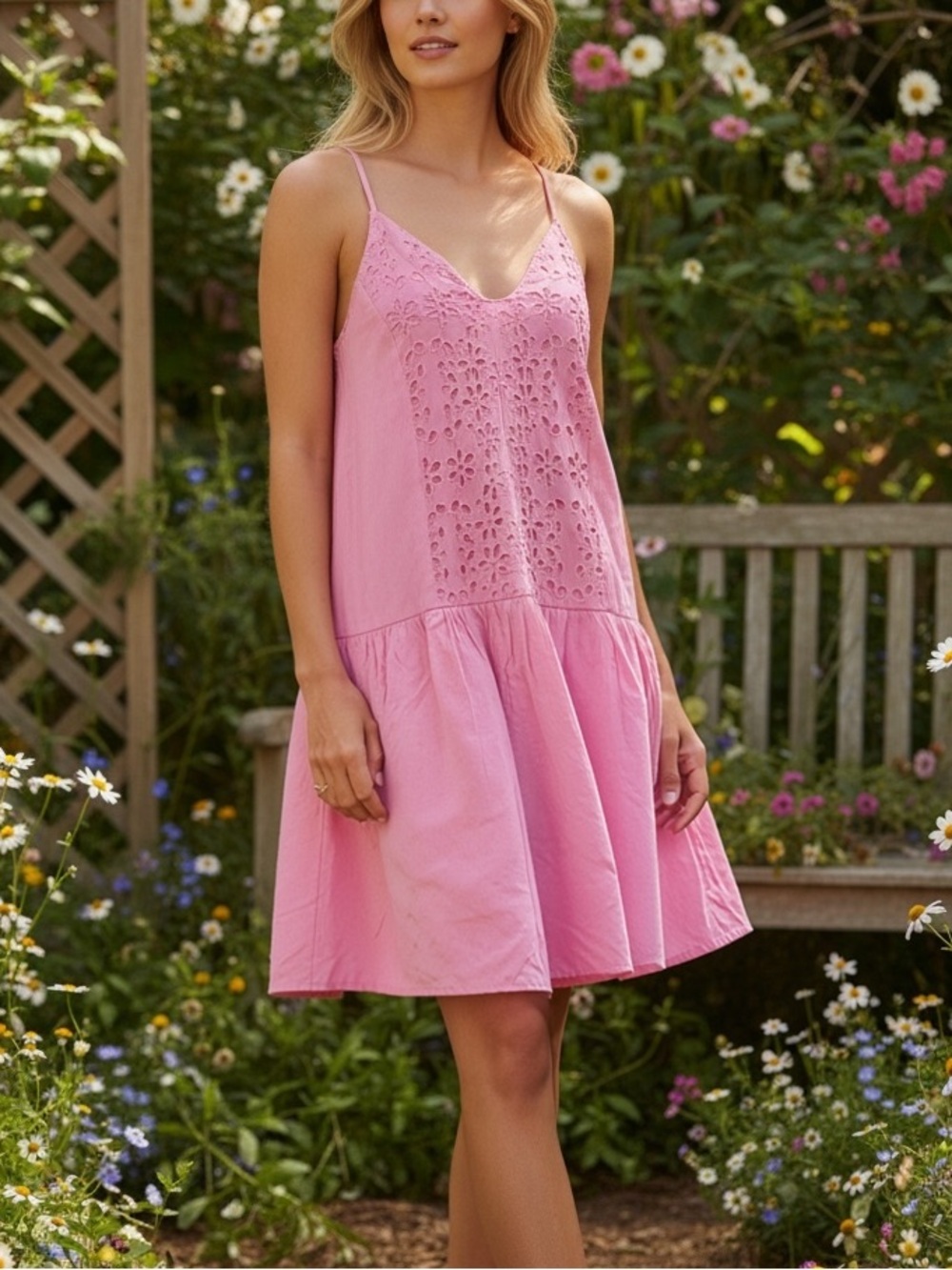 Umgee Pink Floral Eyelet Mini Dress Boho Coquette NWT Size L